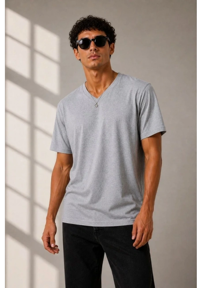Erkek V Yaka Basic Tişört Kısa Kol Yazlık Regular Fit T-Shirt - Gri