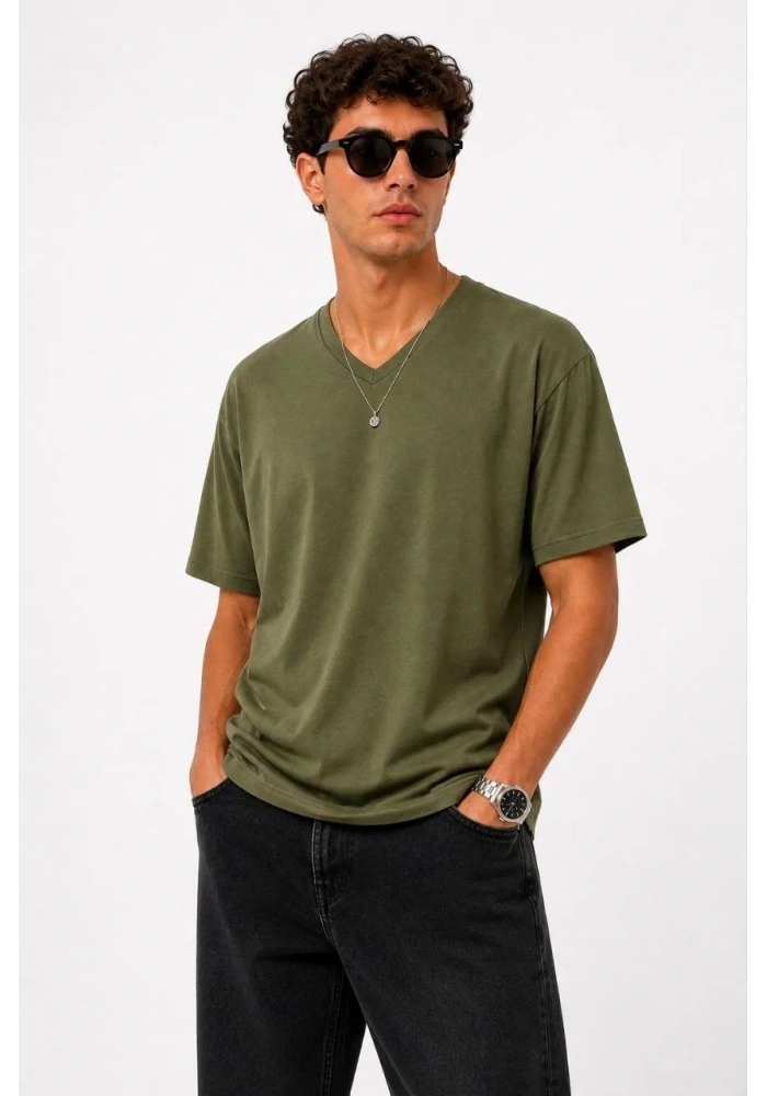 Erkek V Yaka Basic Tişört Kısa Kol Yazlık Regular Fit T-Shirt - Haki