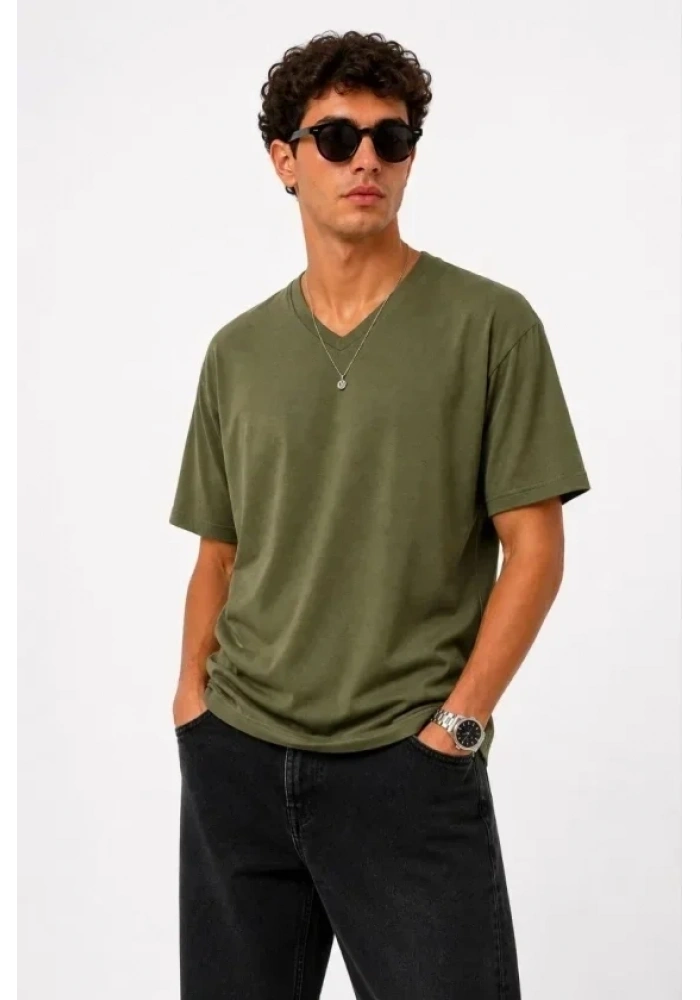 Erkek V Yaka Basic Tişört Kısa Kol Yazlık Regular Fit T-Shirt - Haki