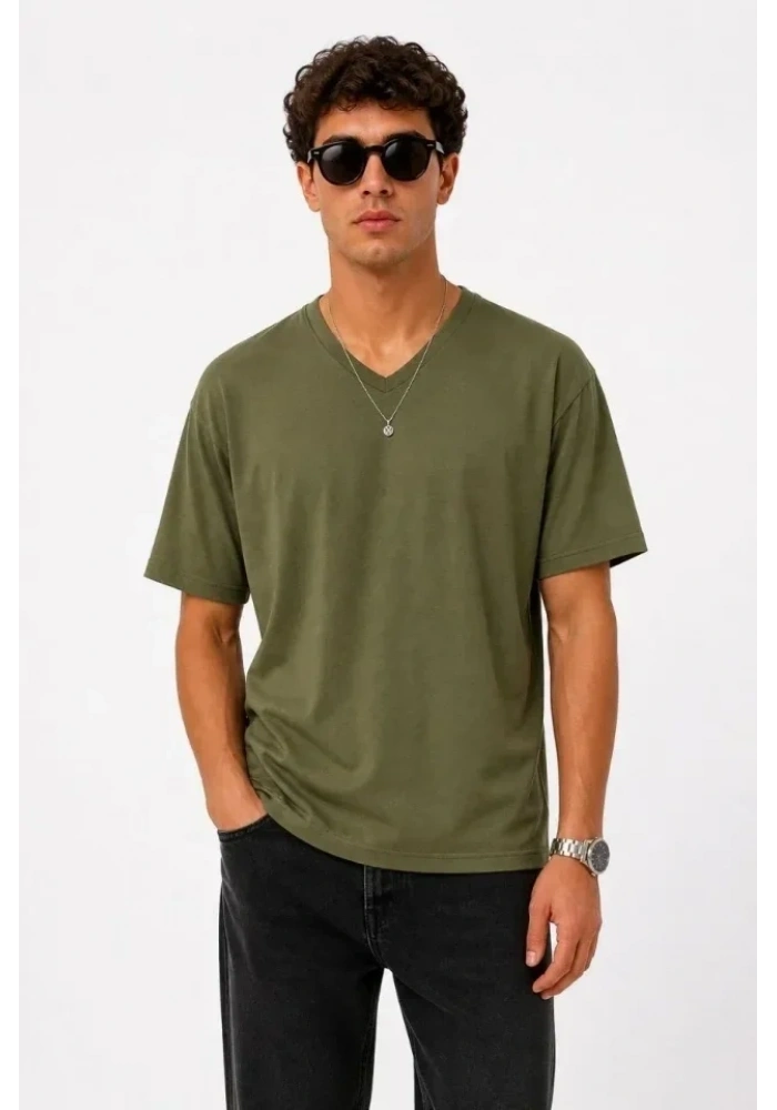 Erkek V Yaka Basic Tişört Kısa Kol Yazlık Regular Fit T-Shirt - Haki