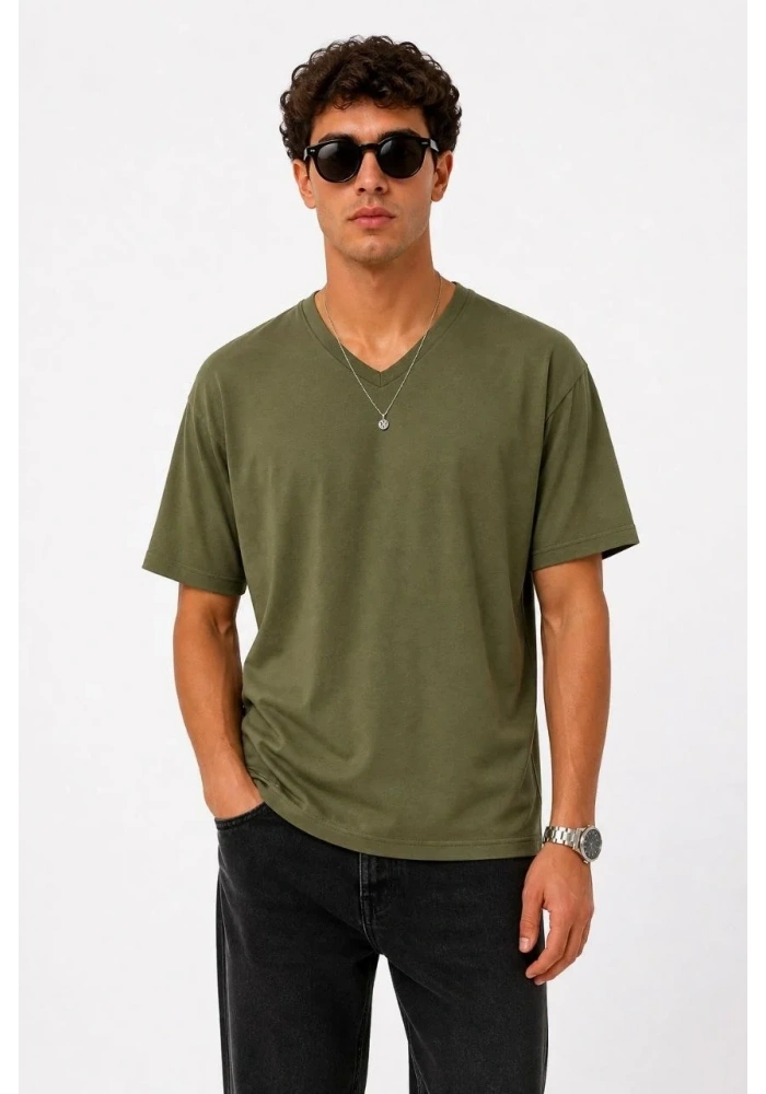 Erkek V Yaka Basic Tişört Kısa Kol Yazlık Regular Fit T-Shirt - Haki