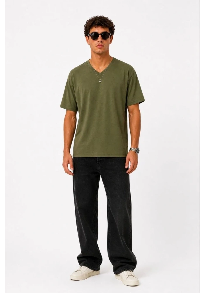 Erkek V Yaka Basic Tişört Kısa Kol Yazlık Regular Fit T-Shirt - Haki