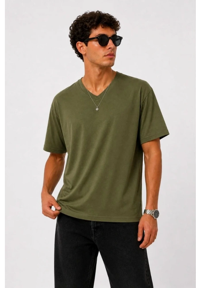 Erkek V Yaka Basic Tişört Kısa Kol Yazlık Regular Fit T-Shirt - Haki