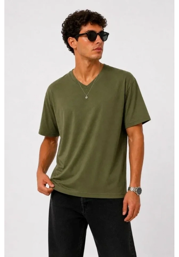 Erkek V Yaka Basic Tişört Kısa Kol Yazlık Regular Fit T-Shirt - Haki