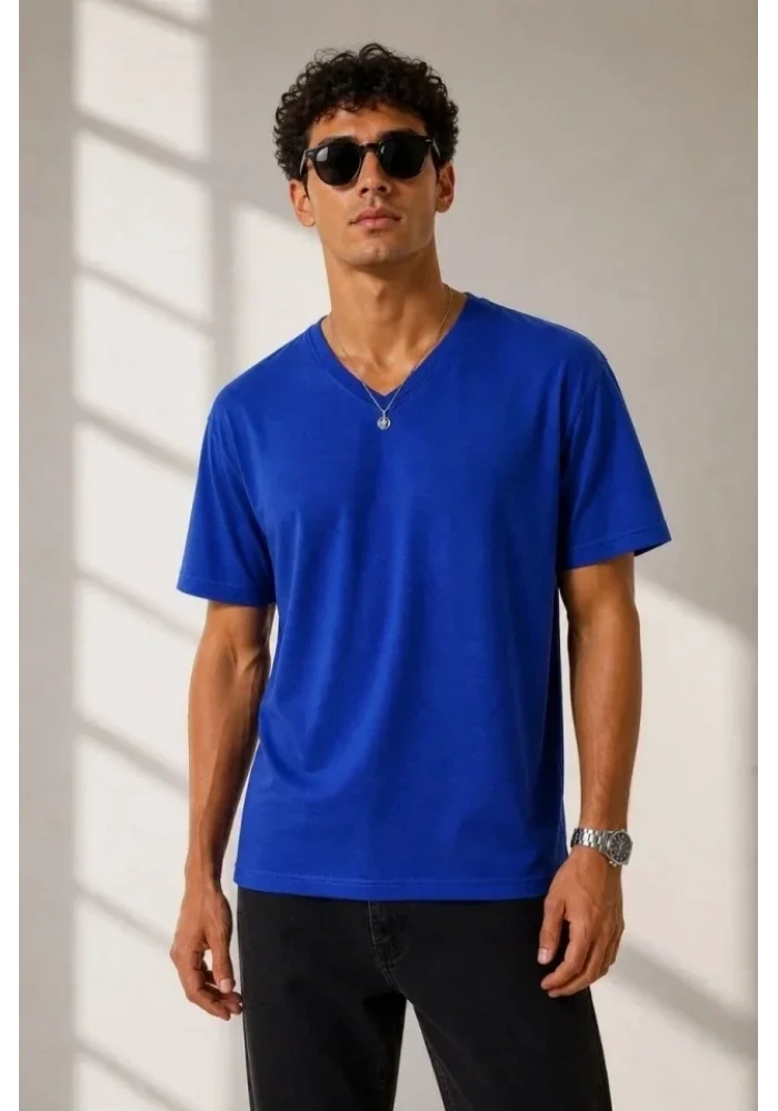 Erkek V Yaka Basic Tişört Kısa Kol Yazlık Regular Fit T-Shirt - Saks Mavisi