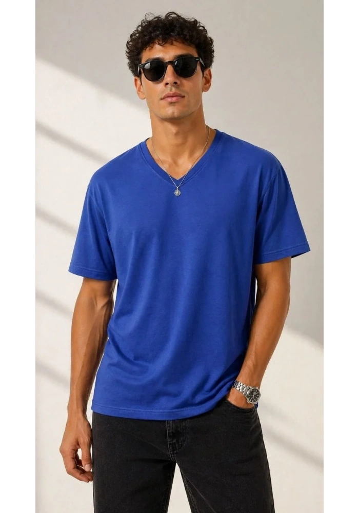 Erkek V Yaka Basic Tişört Kısa Kol Yazlık Regular Fit T-Shirt - Saks Mavisi