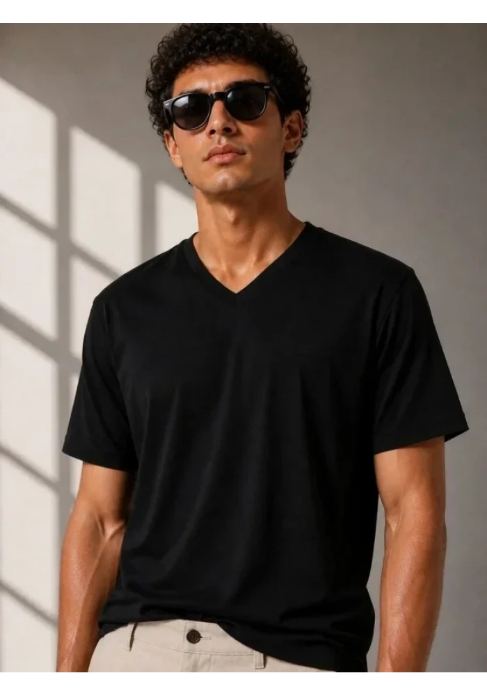 Erkek V Yaka Basic Tişört Kısa Kol Yazlık Regular Fit T-Shirt - Siyah