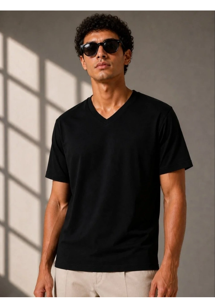 Erkek V Yaka Basic Tişört Kısa Kol Yazlık Regular Fit T-Shirt - Siyah