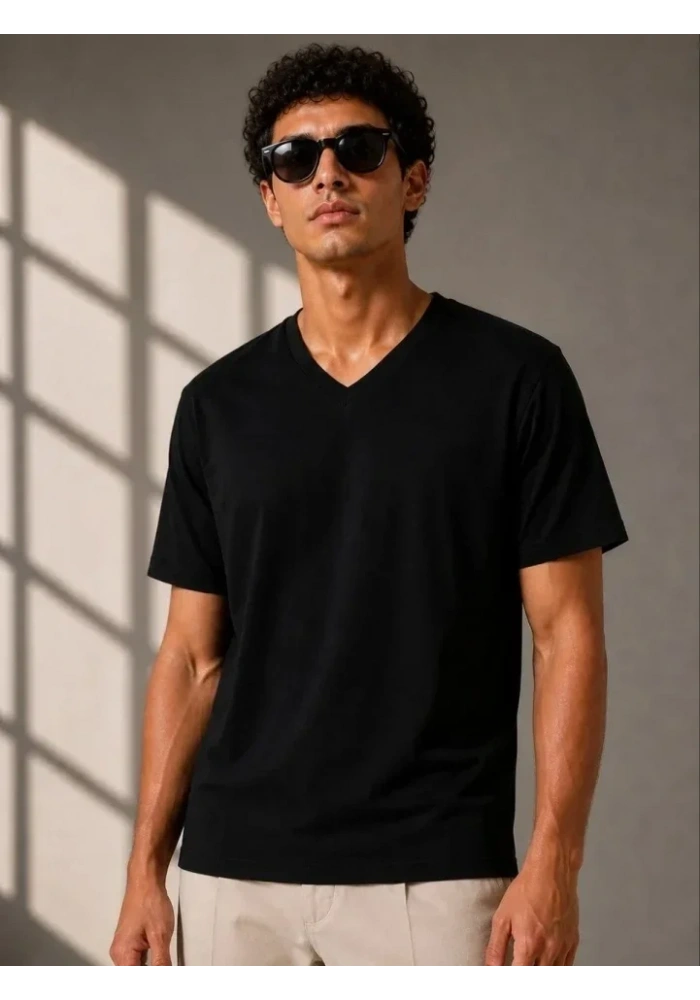 Erkek V Yaka Basic Tişört Kısa Kol Yazlık Regular Fit T-Shirt - Siyah