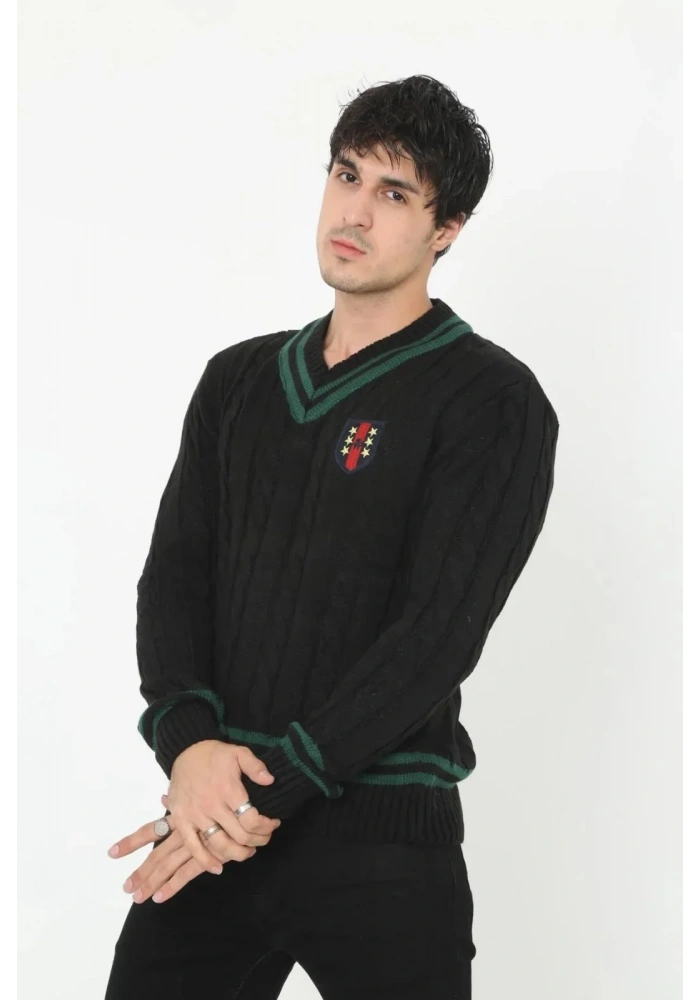 Erkek V Yaka Örgülü Kazak - Siyah