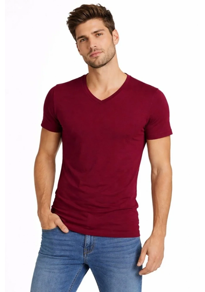 Erkek Body T-shirt V Yaka Slim Fit Likralı Kısa kol Tişört - Bordo