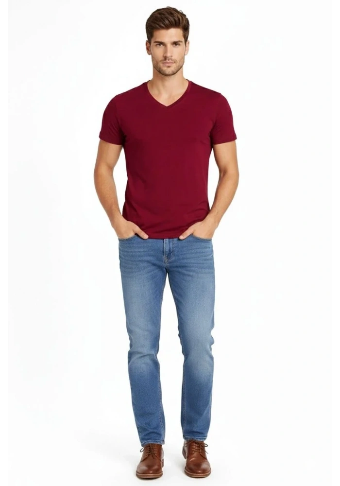 Erkek Body T-shirt V Yaka Slim Fit Likralı Kısa kol Tişört - Bordo