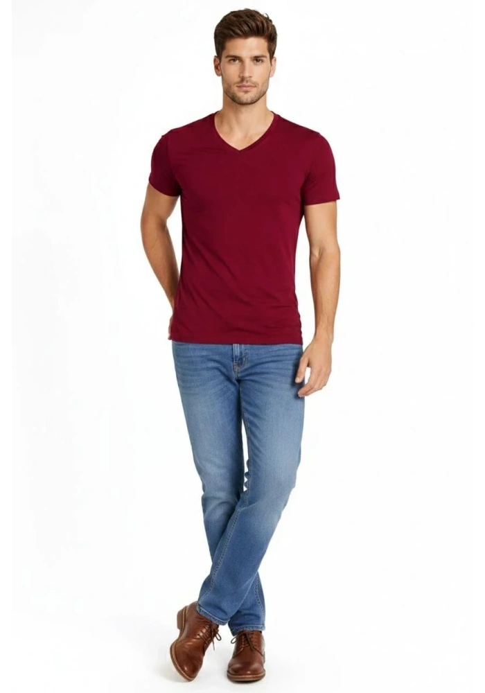 Erkek Body T-shirt V Yaka Slim Fit Likralı Kısa kol Tişört - Bordo