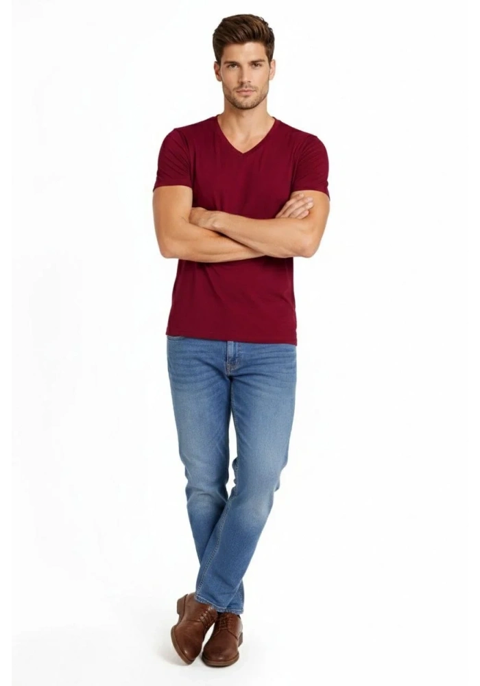 Erkek Body T-shirt V Yaka Slim Fit Likralı Kısa kol Tişört - Bordo