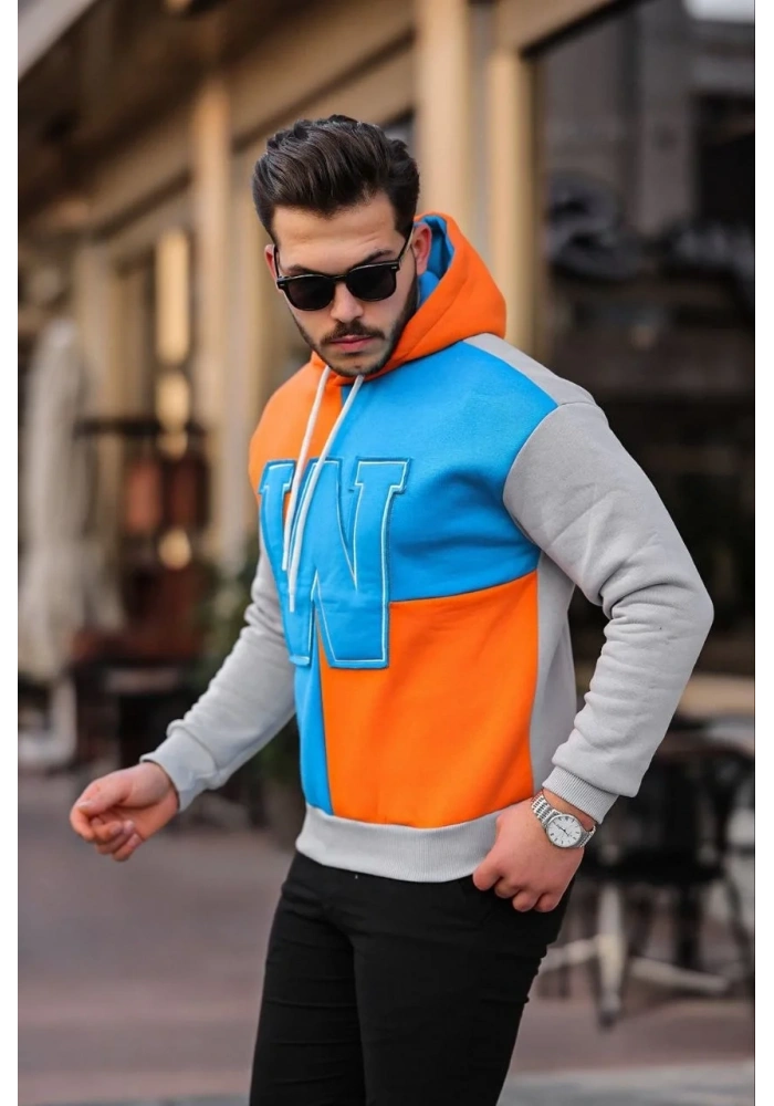 Erkek W Nakış İşlemeli Kapüşonlu Sweatshirt - Mavi