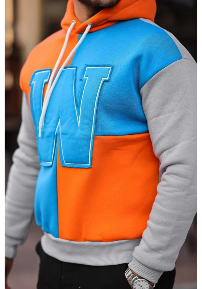 Erkek W Nakış İşlemeli Kapüşonlu Sweatshirt - Mavi
