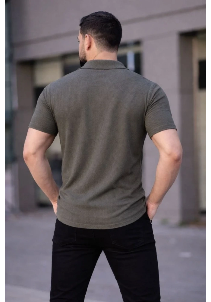 Erkek Waffle Dokuma Açık Yakalı Düğmeli Regular Kalıp 2’li Gömlek Seti - Haki & Bej