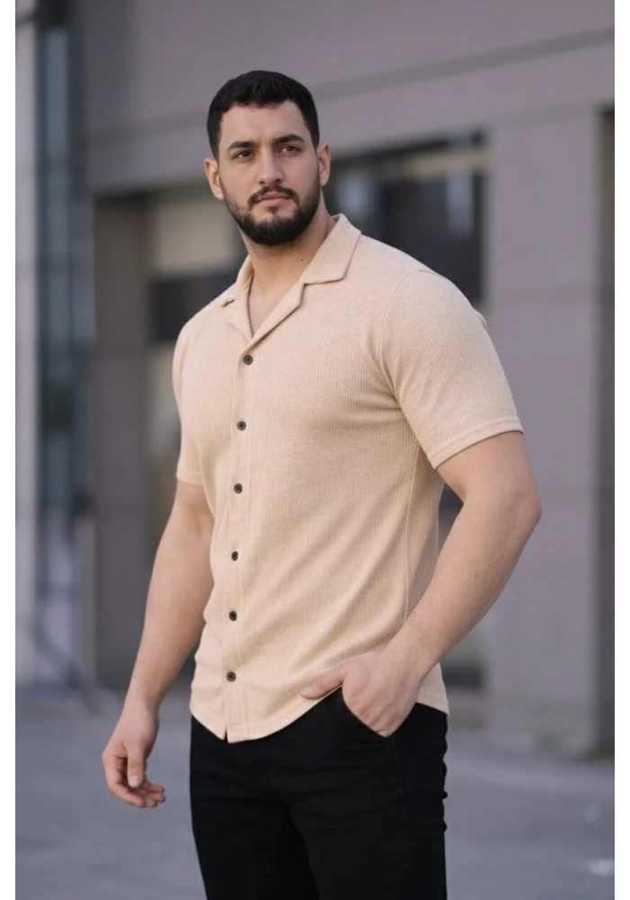 Erkek Waffle Dokuma Açık Yakalı Düğmeli Regular Kalıp 2’li Gömlek Seti - Haki & Bej