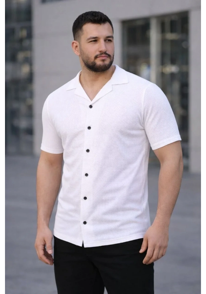 Erkek Waffle Kumaş Yakalı Kısa Kol Düğmeli Gömlek 3’lü Set Bej-Beyaz-Lacivert