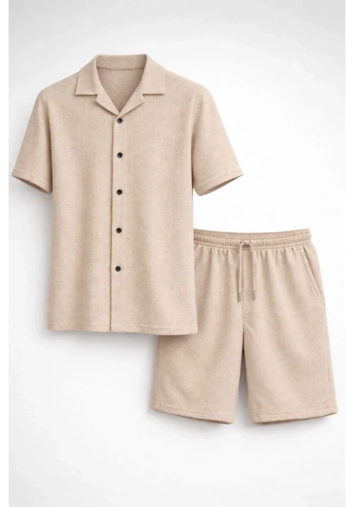 Erkek Waffle Kumaş Kısa Kol Gömlek Şort Takım Regular Yazlık İkili Set - Bej