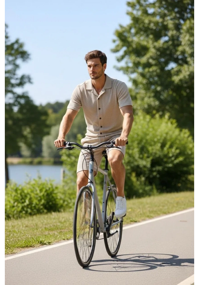 Erkek Waffle Kumaş Kısa Kol Gömlek Şort Takım Regular Yazlık İkili Set - Bej