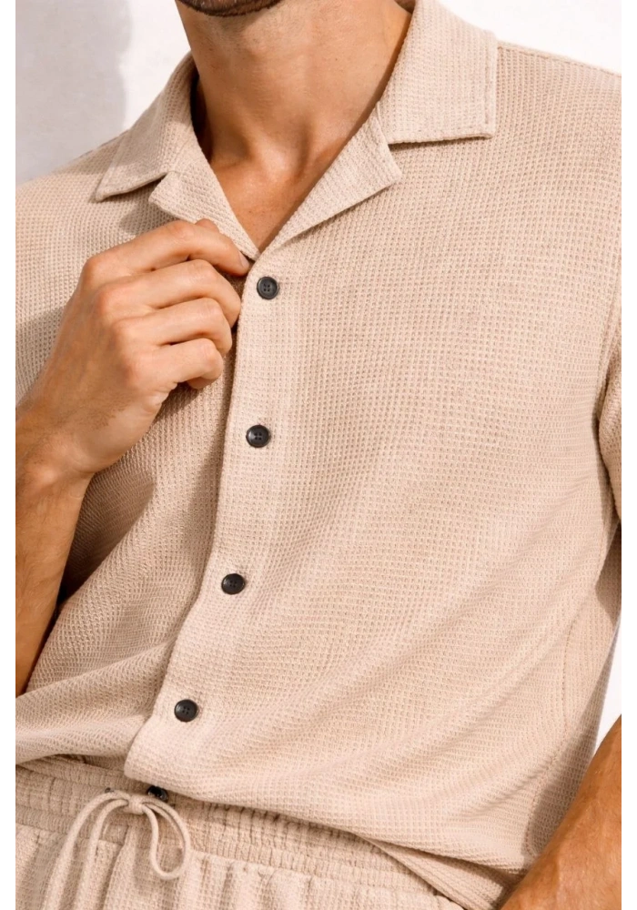 Erkek Waffle Kumaş Kısa Kol Gömlek Şort Takım Regular Yazlık İkili Set - Bej