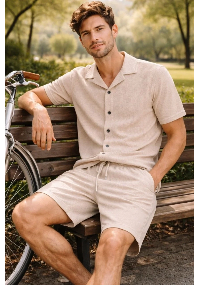 Erkek Waffle Kumaş Kısa Kol Gömlek Şort Takım Regular Yazlık İkili Set - Bej