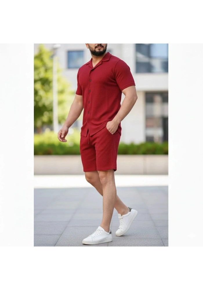 Erkek Waffle Kumaş Kısa Kol Gömlek Şort Takım Regular Yazlık İkili Set - Bordo