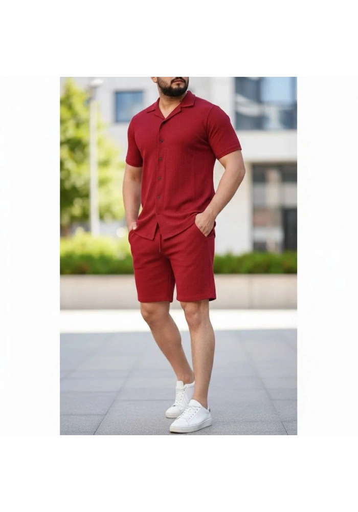 Erkek Waffle Kumaş Kısa Kol Gömlek Şort Takım Regular Yazlık İkili Set - Bordo