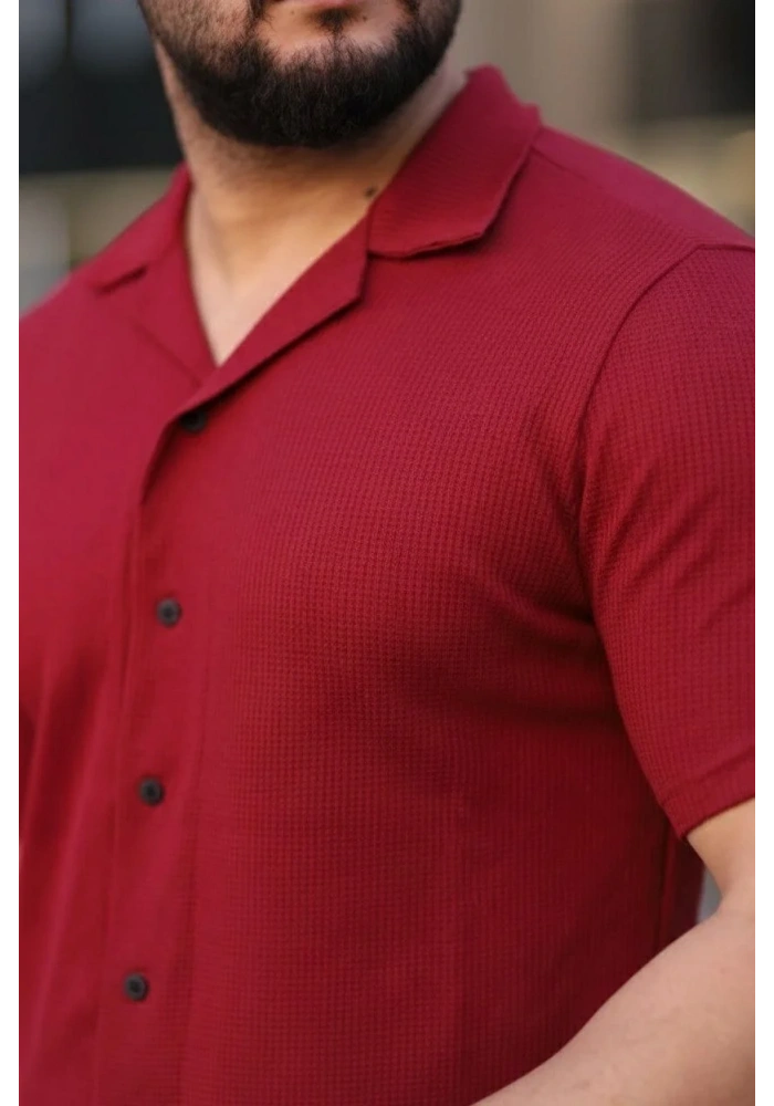 Erkek Waffle Kumaş Kısa Kol Gömlek Şort Takım Regular Yazlık İkili Set - Bordo