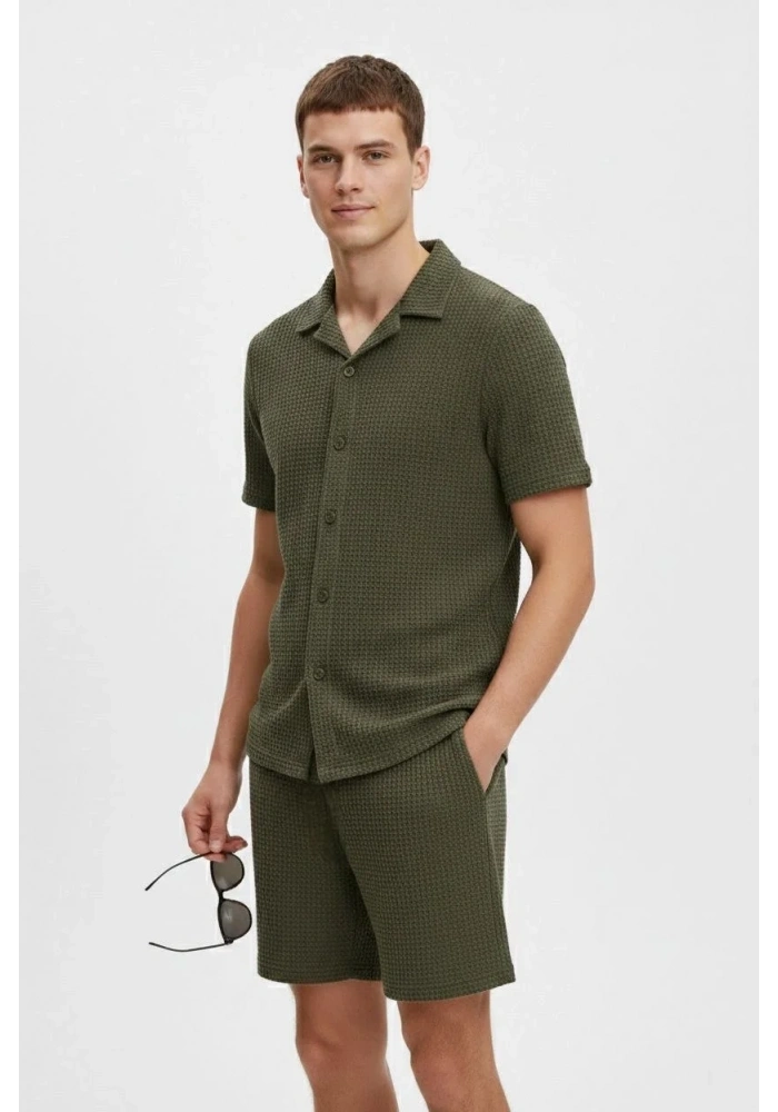 Erkek Waffle Kumaş Kısa Kol Gömlek Şort Takım Regular Yazlık İkili Set - Haki