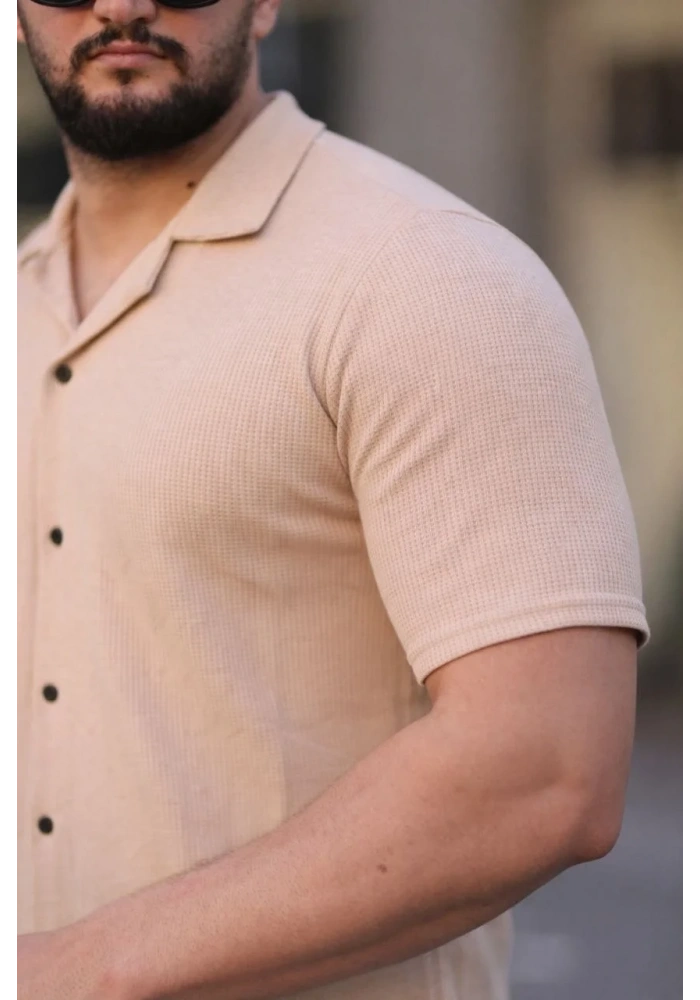 Erkek Waffle Kumaş Kısa Kollu Düğmeli Açık Yaka Regular Fit Gömlek - Bej