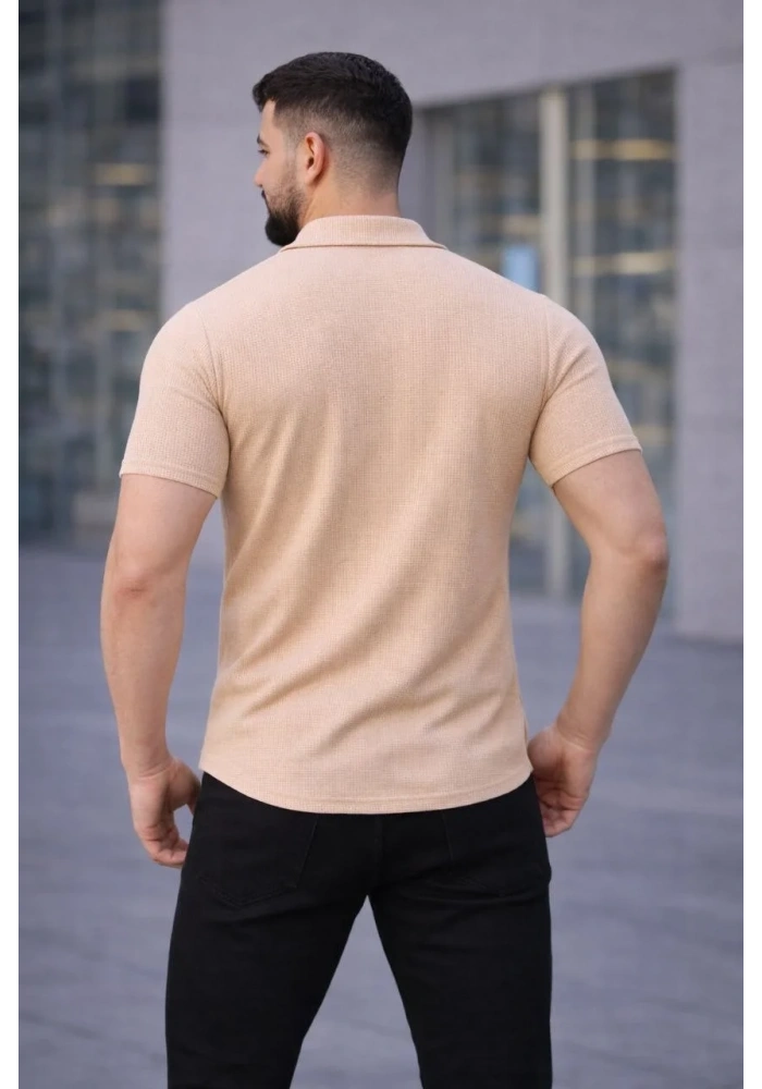Erkek Waffle Kumaş Kısa Kollu Düğmeli Açık Yaka Regular Fit Gömlek - Bej