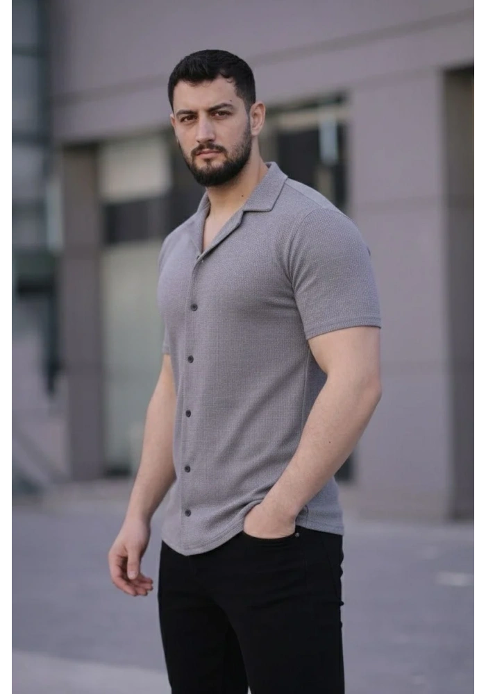 Erkek Waffle Kumaş Kısa Kollu Düğmeli Açık Yaka Regular Fit Gömlek - Gri