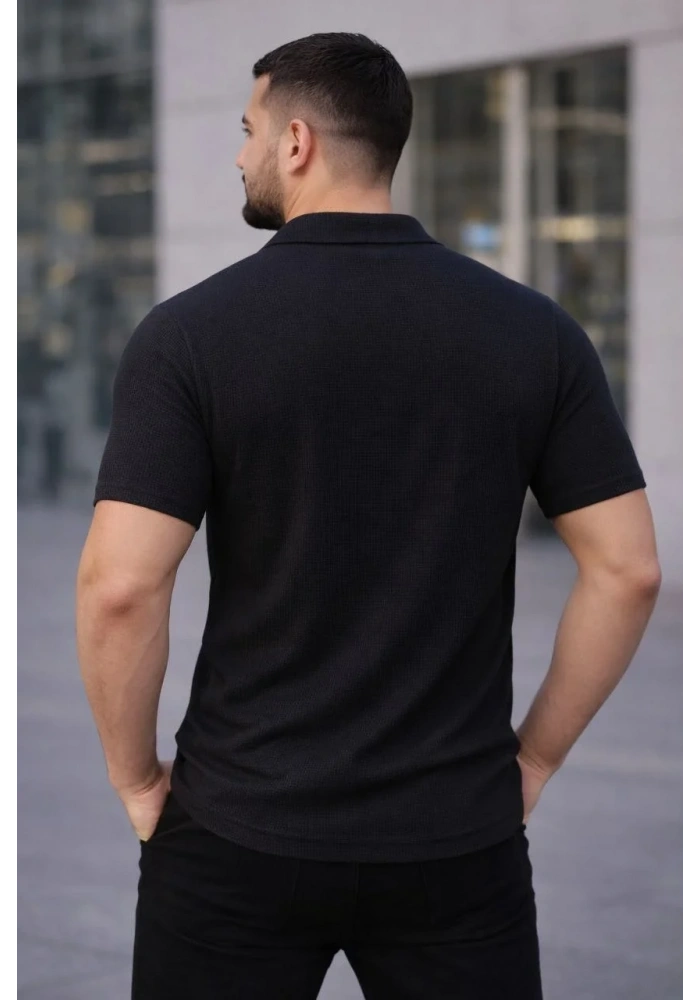 Erkek Waffle Kumaş Kısa Kollu Düğmeli Açık Yaka Regular Fit Gömlek - Siyah