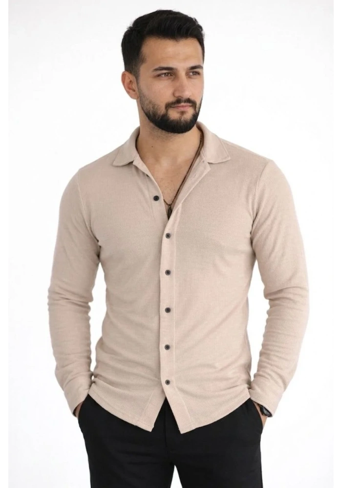 Erkek Waffle Kumaş Uzun Kollu Düğmeli Açık Yaka Regular Fit Gömlek - Bej