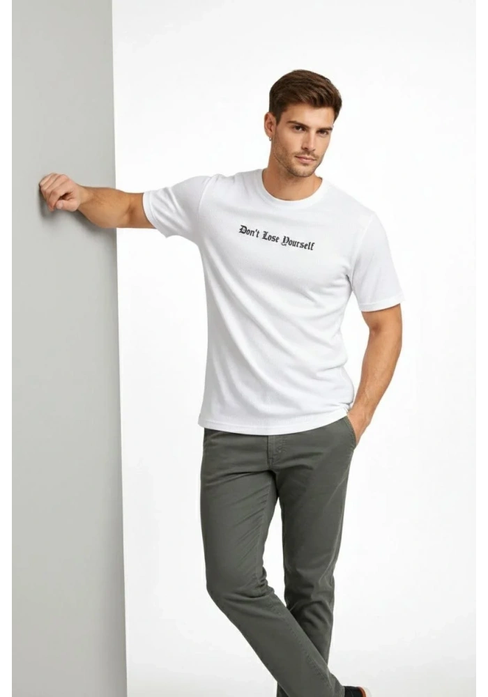 Erkek Wafıl Kumaş Tişört Regular Kalıp Bisiklet Yaka Baskılı Günlük Basic T-Shirt - Beyaz