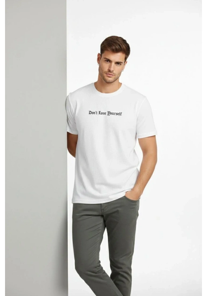 Erkek Wafıl Kumaş Tişört Regular Kalıp Bisiklet Yaka Baskılı T-Shirt - Beyaz