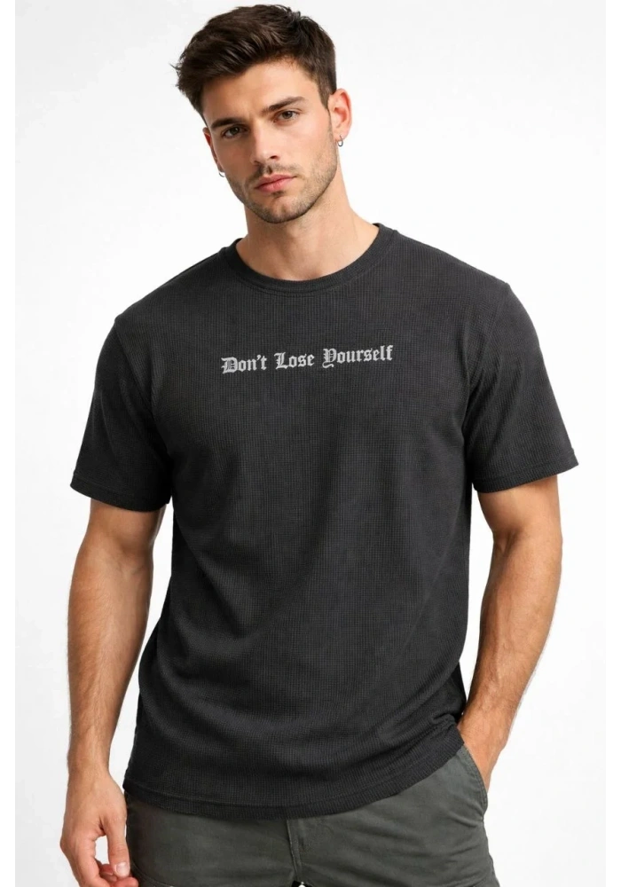 Erkek Wafıl Kumaş Tişört Regular Kalıp Bisiklet Yaka Baskılı Günlük Basic T-Shirt - Siyah