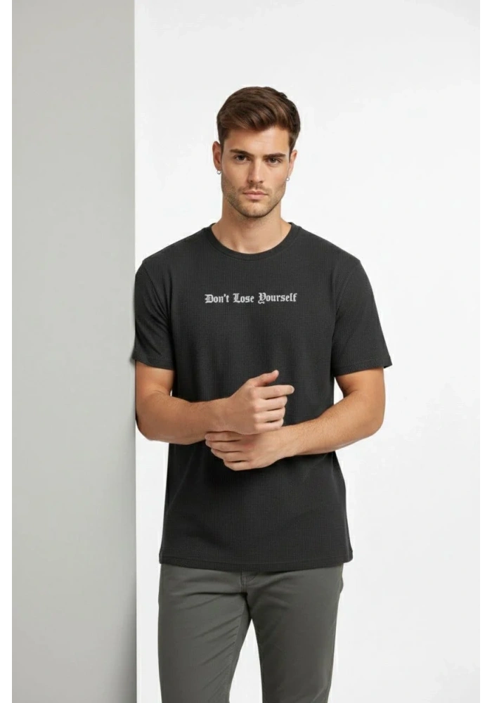 Erkek Wafıl Kumaş Tişört Regular Kalıp Bisiklet Yaka Baskılı Günlük Basic T-Shirt - Siyah