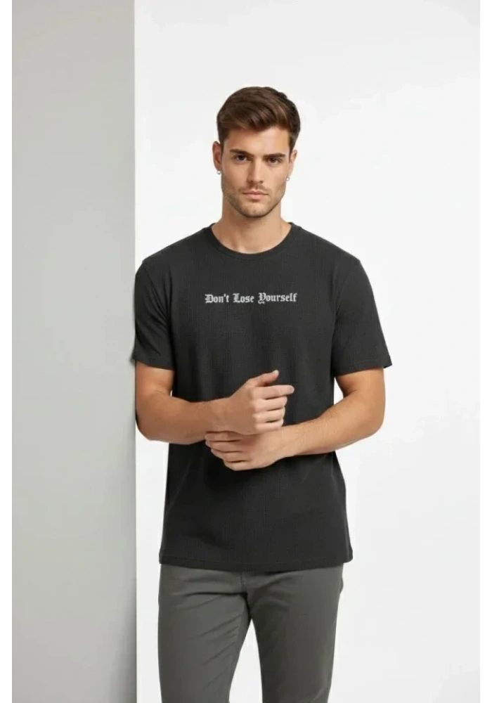 Erkek Wafıl Kumaş Tişört Regular Kalıp Bisiklet Yaka Baskılı Günlük Basic T-Shirt - Siyah