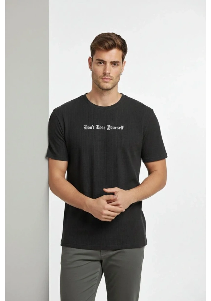 Erkek Wafıl Kumaş Tişört Regular Kalıp Bisiklet Yaka Baskılı Günlük Basic T-Shirt - Siyah