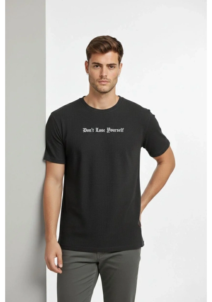 Erkek Wafıl Kumaş Tişört Regular Kalıp Bisiklet Yaka Baskılı Günlük Basic T-Shirt - Siyah