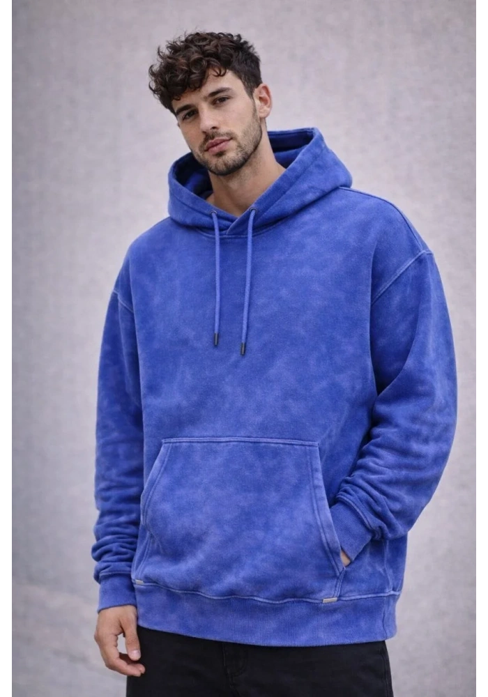 Erkek Yağ Yıkamalı Kapşonlu Double Oversize Üç İplik Pamuklu Sweatshirt - Mavi