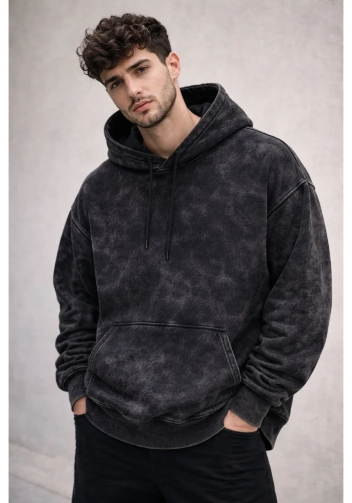 Erkek Yağ Yıkamalı Kapşonlu Double Oversize Üç İplik Pamuklu Sweatshirt - Siyah