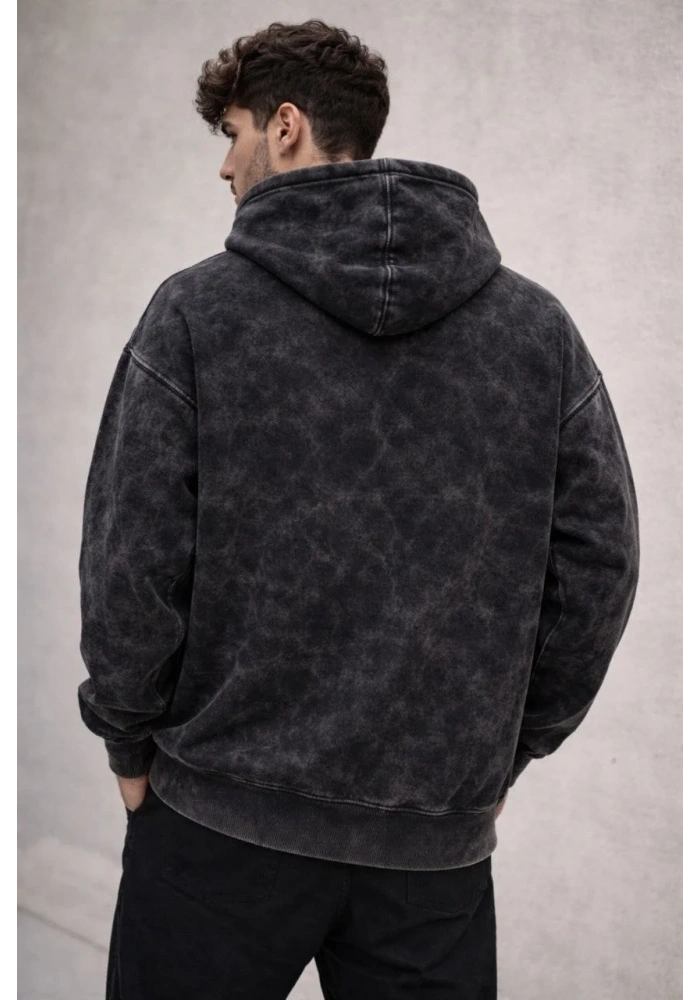Erkek Yağ Yıkamalı Kapşonlu Double Oversize Üç İplik Pamuklu Sweatshirt - Siyah