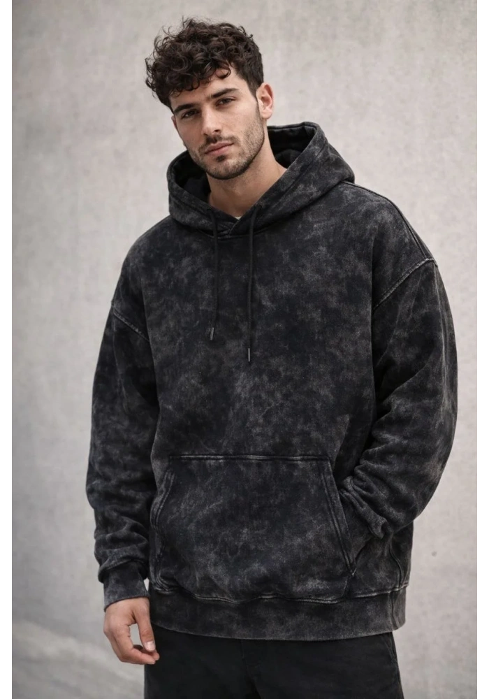 Erkek Yağ Yıkamalı Kapşonlu Double Oversize Üç İplik Pamuklu Sweatshirt - Siyah