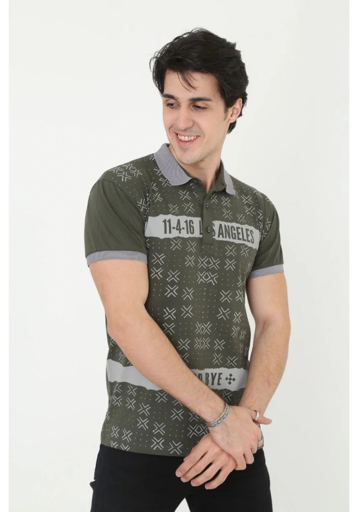 Erkek Yakalı Slim Fit Baskılı T-Shirt - Haki
