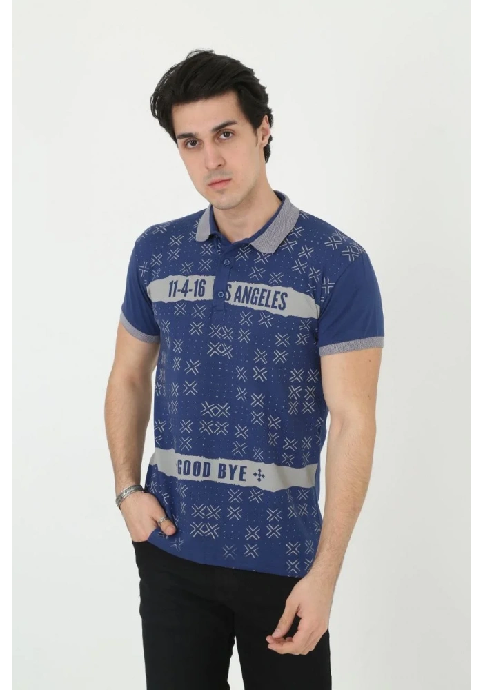 Erkek Yakalı Slim Fit Baskılı T-Shirt - Mavi