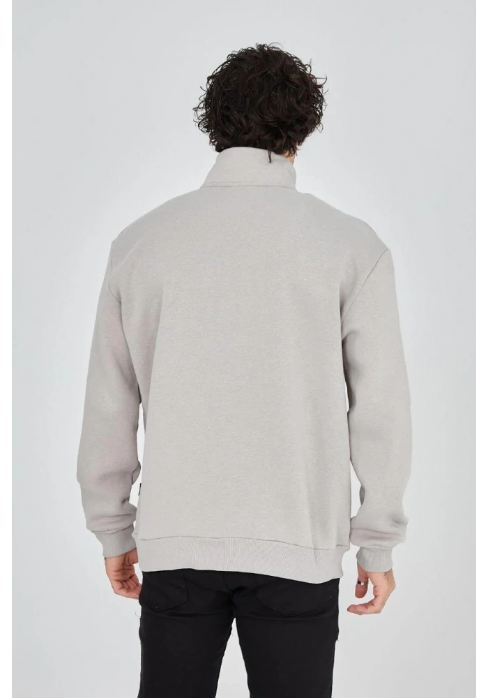 Erkek Yarım Fermuarlı Baskılı Sweat - Boyalı Gri